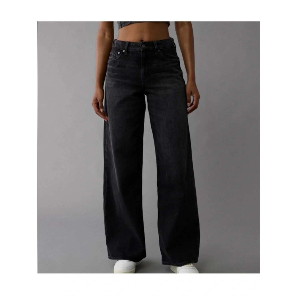 AE Dreamy Drape Curvy Super High Rise Baggy Wide Leg Jeans Black Women 12 Short